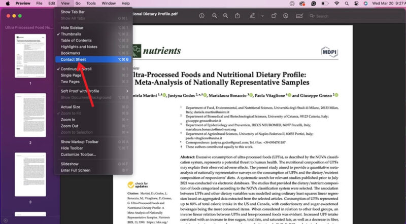 Accessing the Contact Sheet option from Preview on Mac.