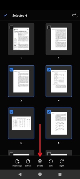 Deleting pages in Adobe app for Android.