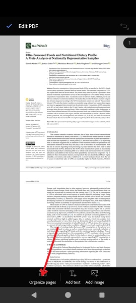 Selecting Organize pages option in Adobe app for Android.