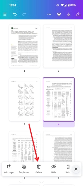 Select Delete at the bottom to remove pages from PDF in Canva app for Android.