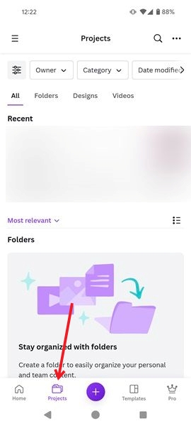 Tapping on Projects in Canva app for Android.
