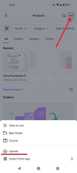 Selecting Upload option in Canva app for Android.