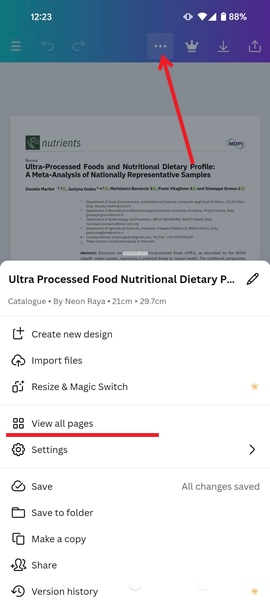 Tapping on View all pages option in Canva app for Android.
