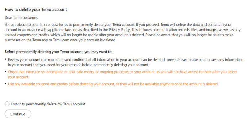 Delete Temu account on desktop