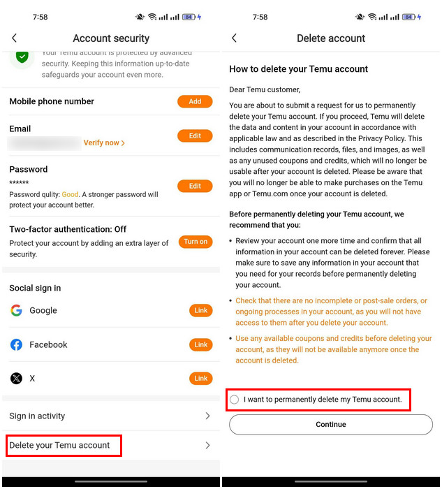 Delete Temu account On mobile