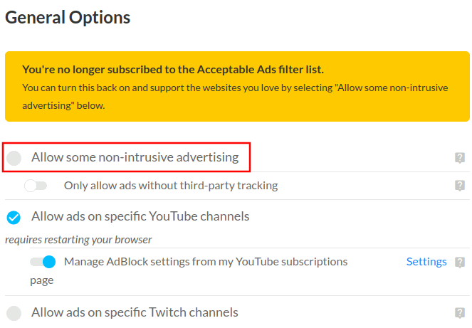 AdBlock general settings page with an option highlighted that disables the Accepted Ads program