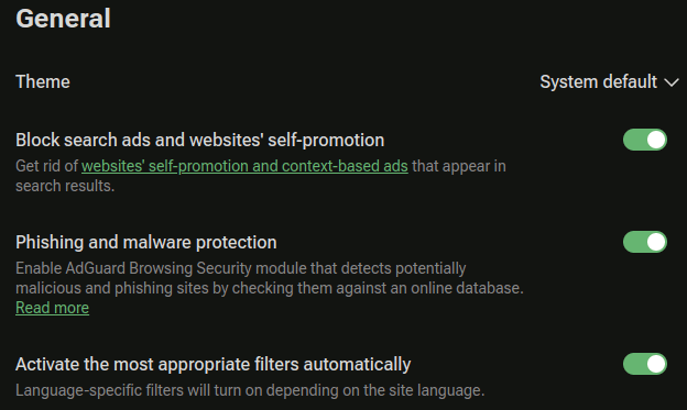 AdGuard settings page