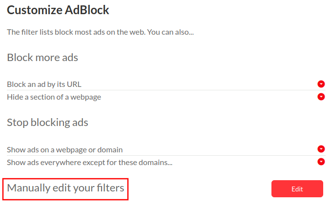 AdBlock customization with manual filter editing highlighted