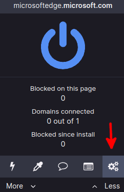 uBlock Origin's interface with an arrow pointing to the button that accesses the settings menu
