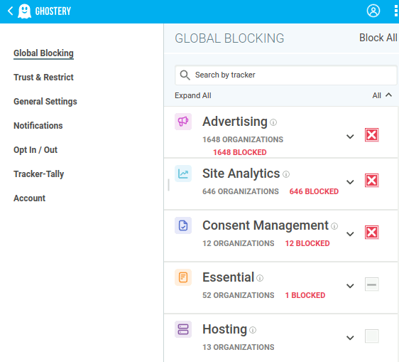 Ghostery's settings interface