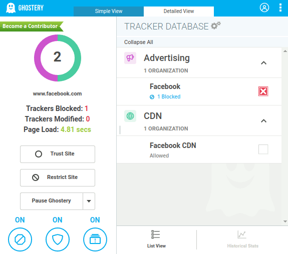 Ghostery's detailed interface on Microsoft Edge