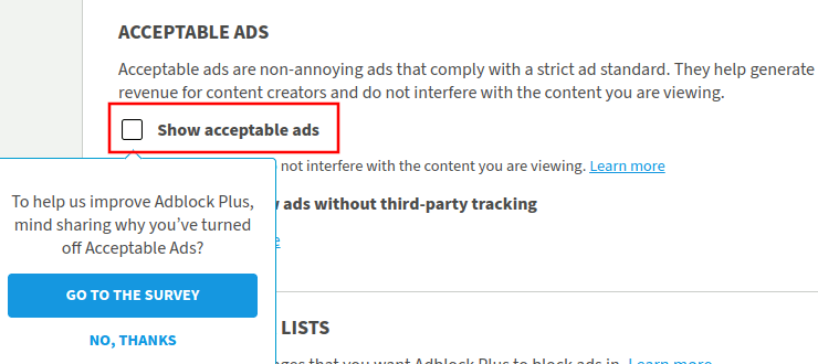 AdBlock Plus' general settings with acceptable ads toggle highlighted