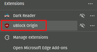 Microsoft Edge extension manager with uBlock Origin highlighted