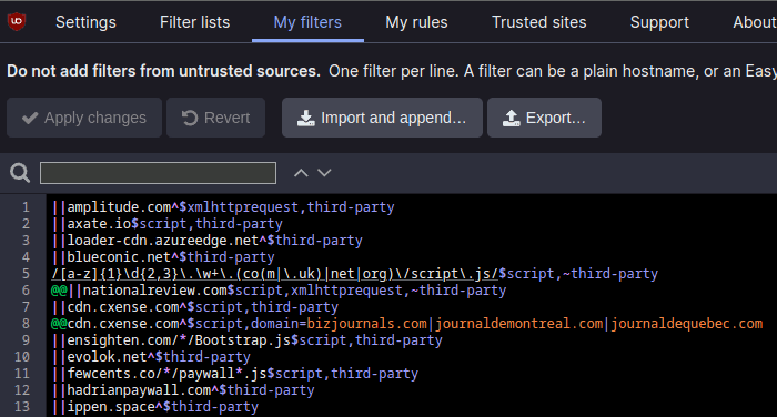 An uBlock Origin custom filter list filled out