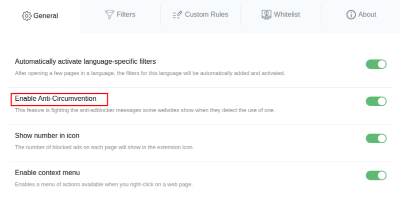 AdBlocker Ultimate general settings page with anti-circumvention option highlighted
