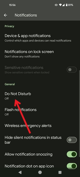 Enabling Do Not Disturb mode in Android Settings.