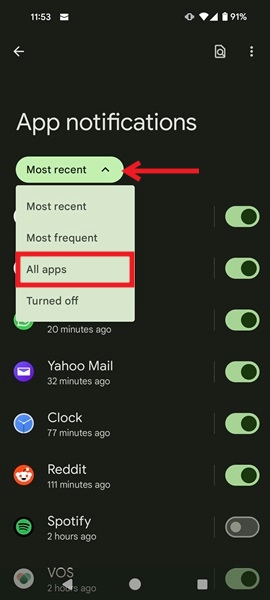 Switch to All apps under App notifications in Android Settings.