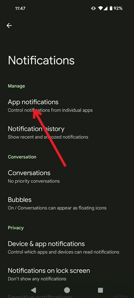 Selecting App notifications in Android Settings.