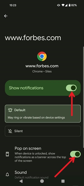 Enabling notifications for website via Chrome app. 