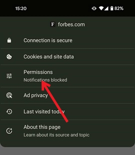 Clicking on Permissions in Chrome app for mobile.