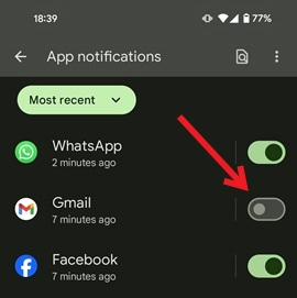 Disabling push notifications for an app in Android Settings.