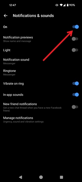 Checking if notifications for Messenger app are enabled.