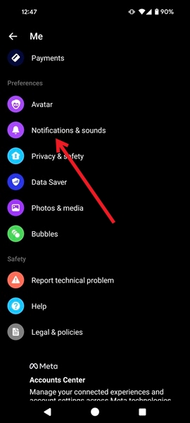 Selecting "Notifications & sounds" option in Messenger mobile app. 