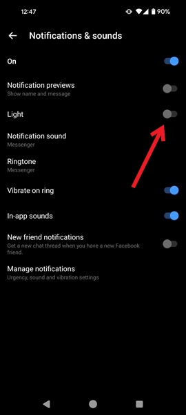 Turning off Light feature in Facebook app. 