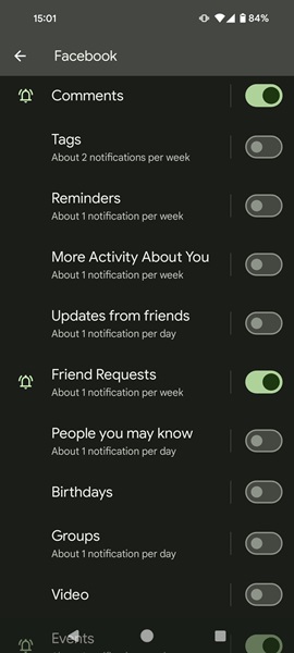 Different types of notifications for Facebook app. 