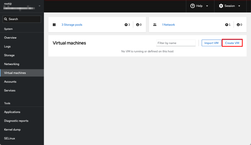 A screenshot highlighting the "Create VM" button on RHEL's Virtual machines page.