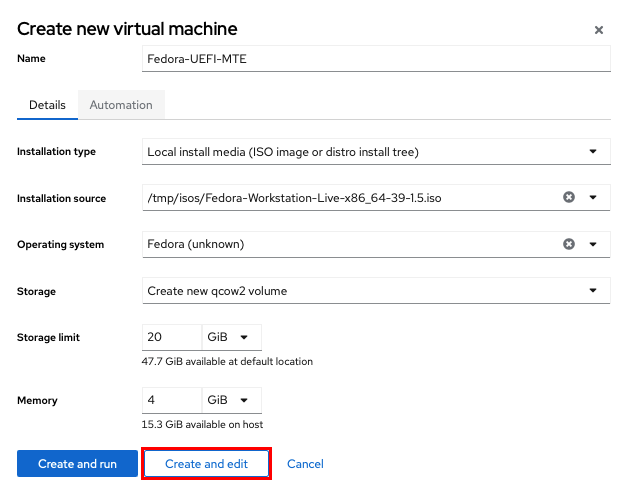 A screenshot highlighting the "Create and edit" button under the VM creation prompt.