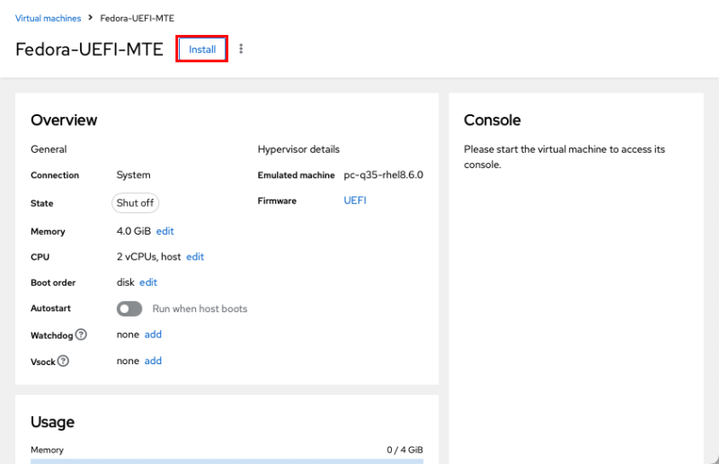 A screenshot highlighting the "Install" button on the new VM's overview page.