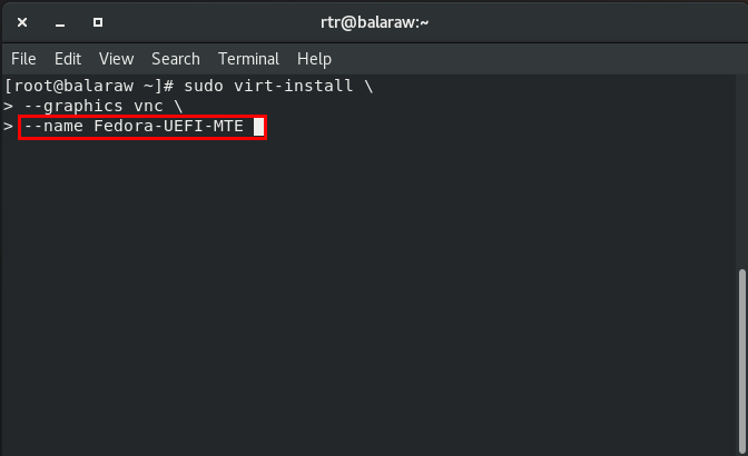 A terminal with a highlight on virt-install's name flag value.