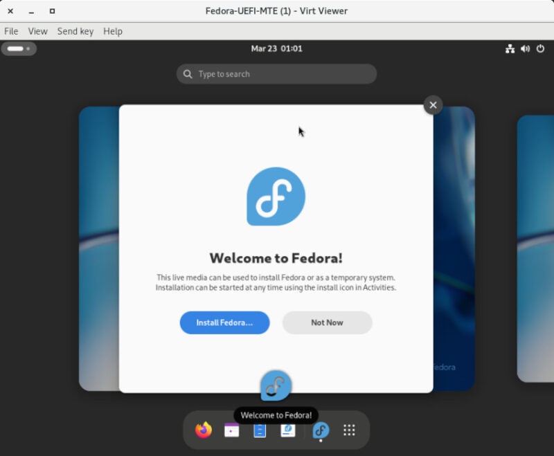 A screenshot showing Fedora 39 running on UEFI mode in a VM.
