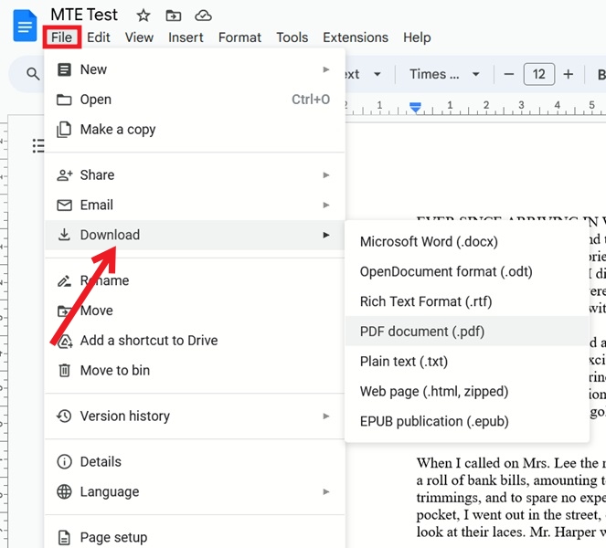 Click on "Download" button in Google Docs. 