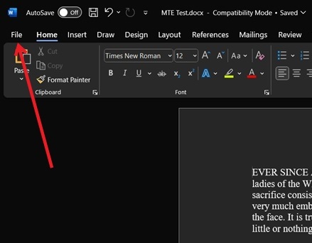 Clicking File in Word ribbon menu. 
