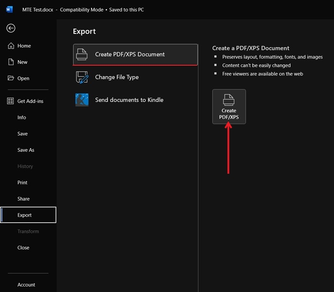Selecting to Export and Create PDF/XPS Document.