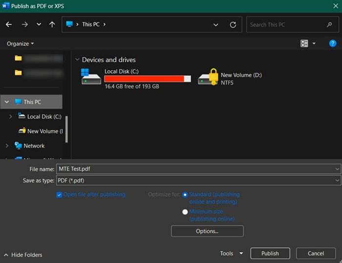 Exporting file as PDF from Word. 