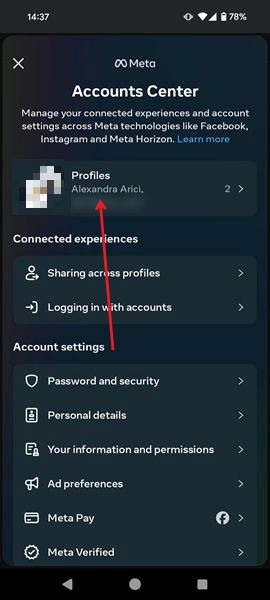 Tap "Profiles" in Facebook Accounts Center in mobile app.
