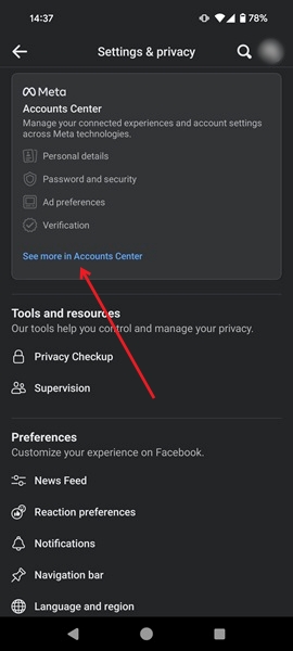 Tap the "See more in Accounts Center" option in the Facebook app.