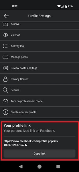 Your profile link view in Facebook app. 