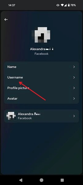 Tapping on "Username" option in Facebook app. 