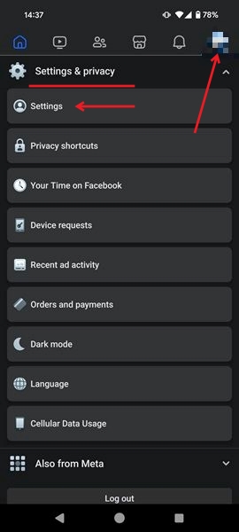 Tapping on Settings option in Facebook mobile app. 