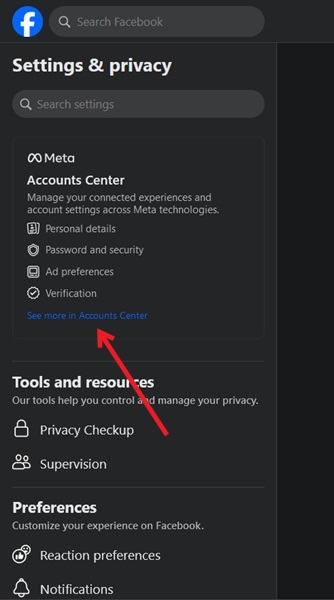 Clicking "See more in Accounts Center" option in Facebook Settings on PC.