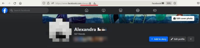 Facebook profile view on PC with new username visible.