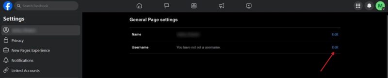 Clicking "Edit" next to Username in web version of Facebook. 