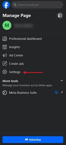 Tapping "Settings" option in Manage Page dashboard in web version of Facebook. 