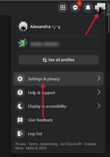 Clicking on "Settings & privacy" option in Facebook on PC. 