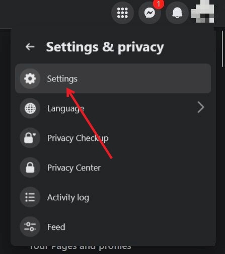 Clicking on Settings option in the web version of Facebook.