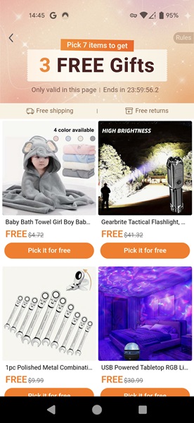 Free gifts page after signing up with new Temu account.